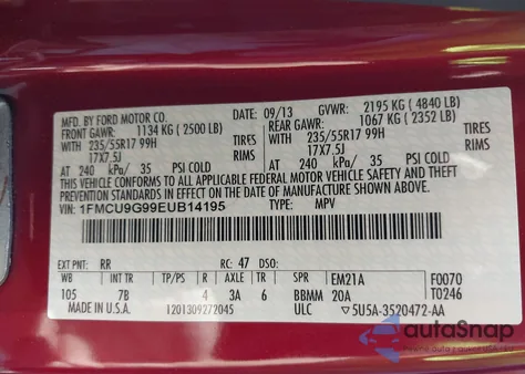 2014 Ford Escape Se из США, поврежденный, VIN 1FMCU9G99EUB14195